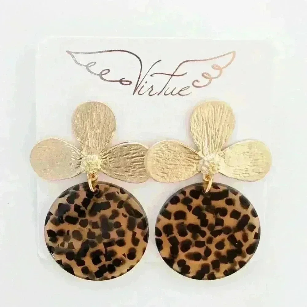 Virtue Jewelry Lotus Flower Round Acrylic Spotted Cheetah 24K Gold Plated Post